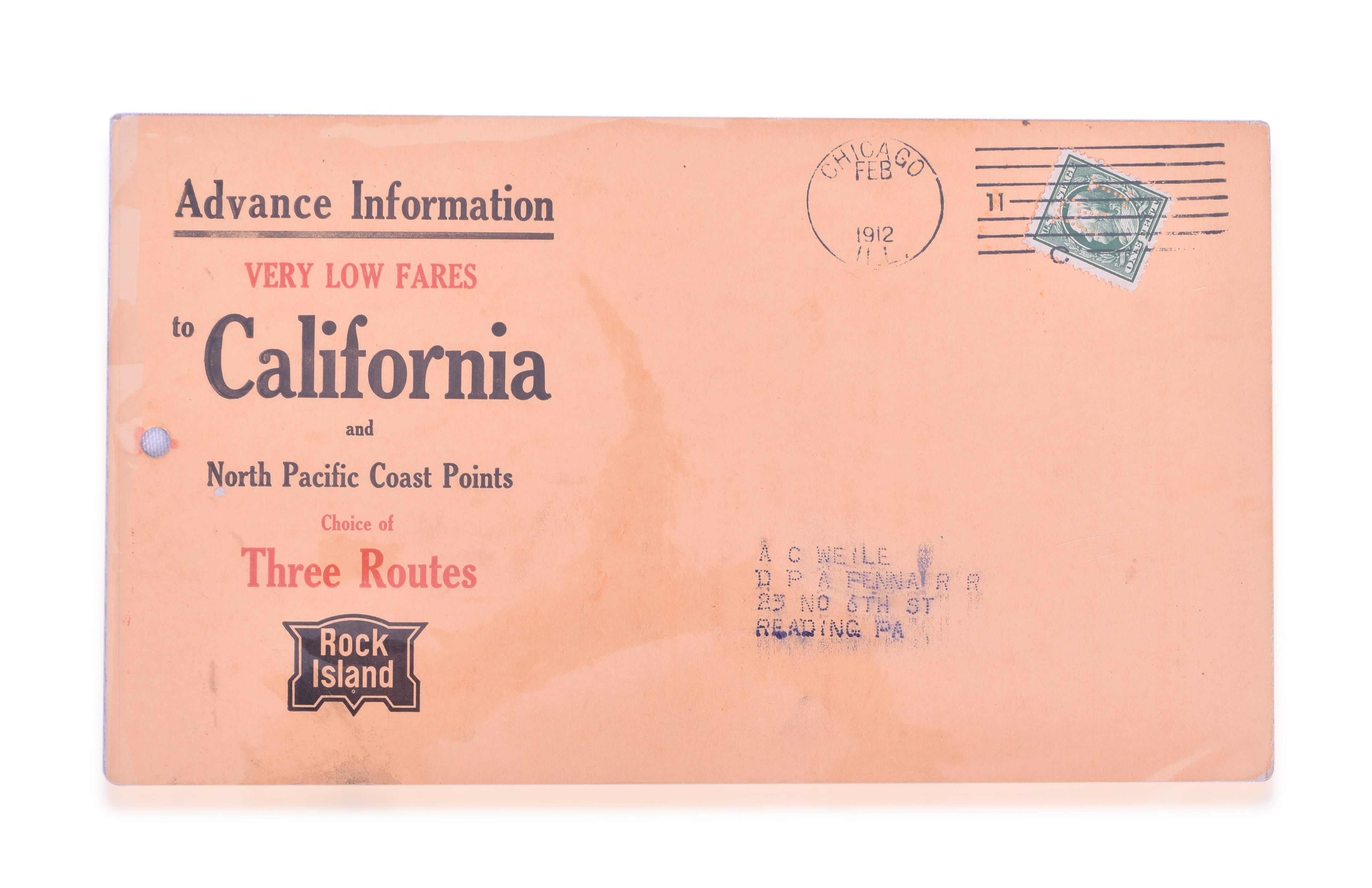 3399 - The Chicago, Rock Island and Pacific Railroad 1912 Low Fares to California Mailer / Advertising thumbnail