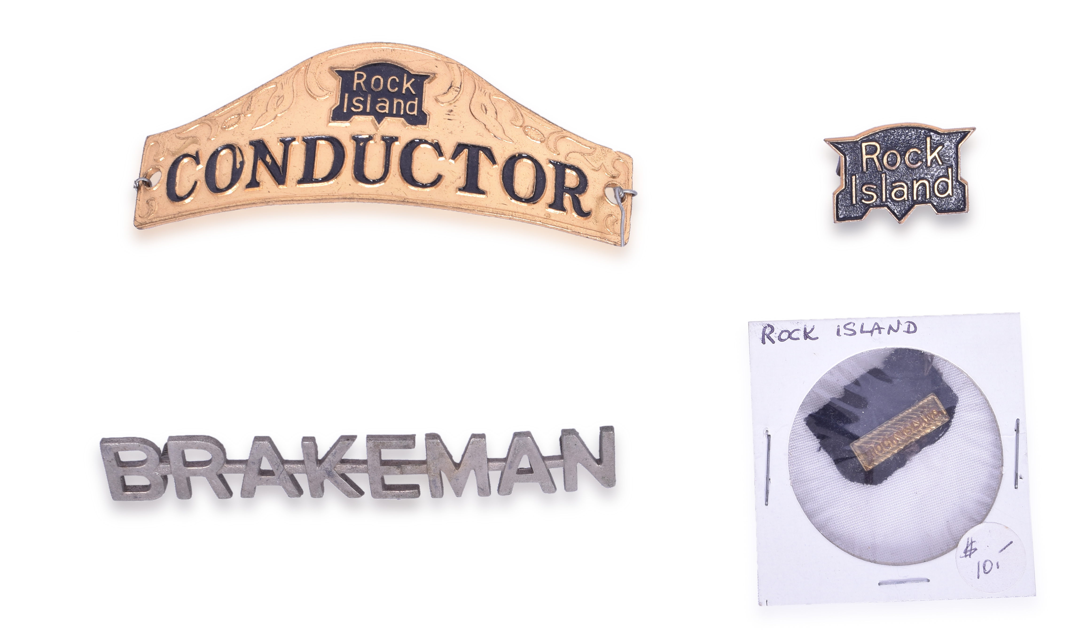3440 - Rock Island Railroad Conductor and Brakeman Cap Badges, Uniform Pin, and Bar thumbnail
