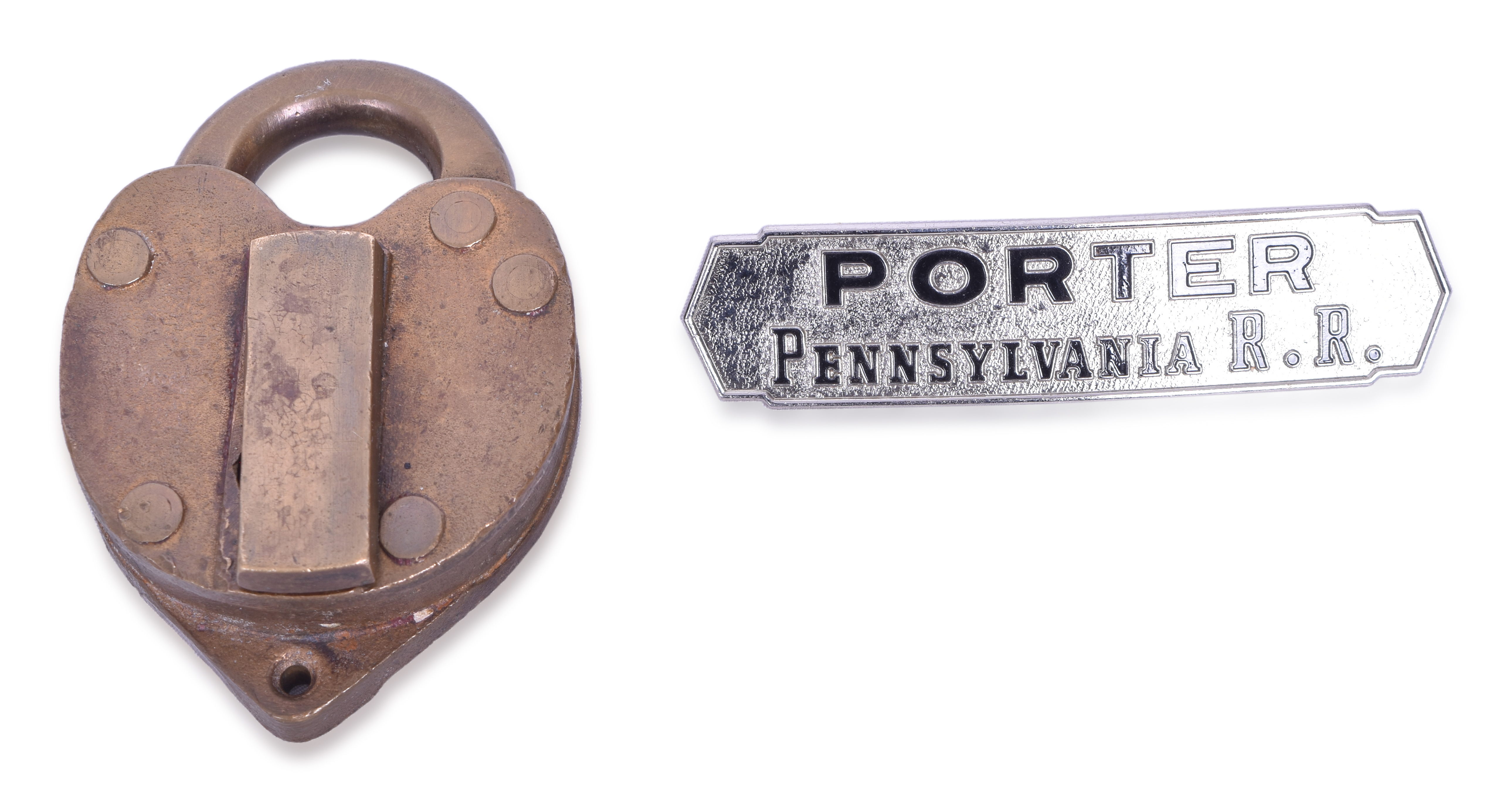 3446 - Pennsylvania Railroad Heart Shaped Lock and Porter Cap Badge thumbnail