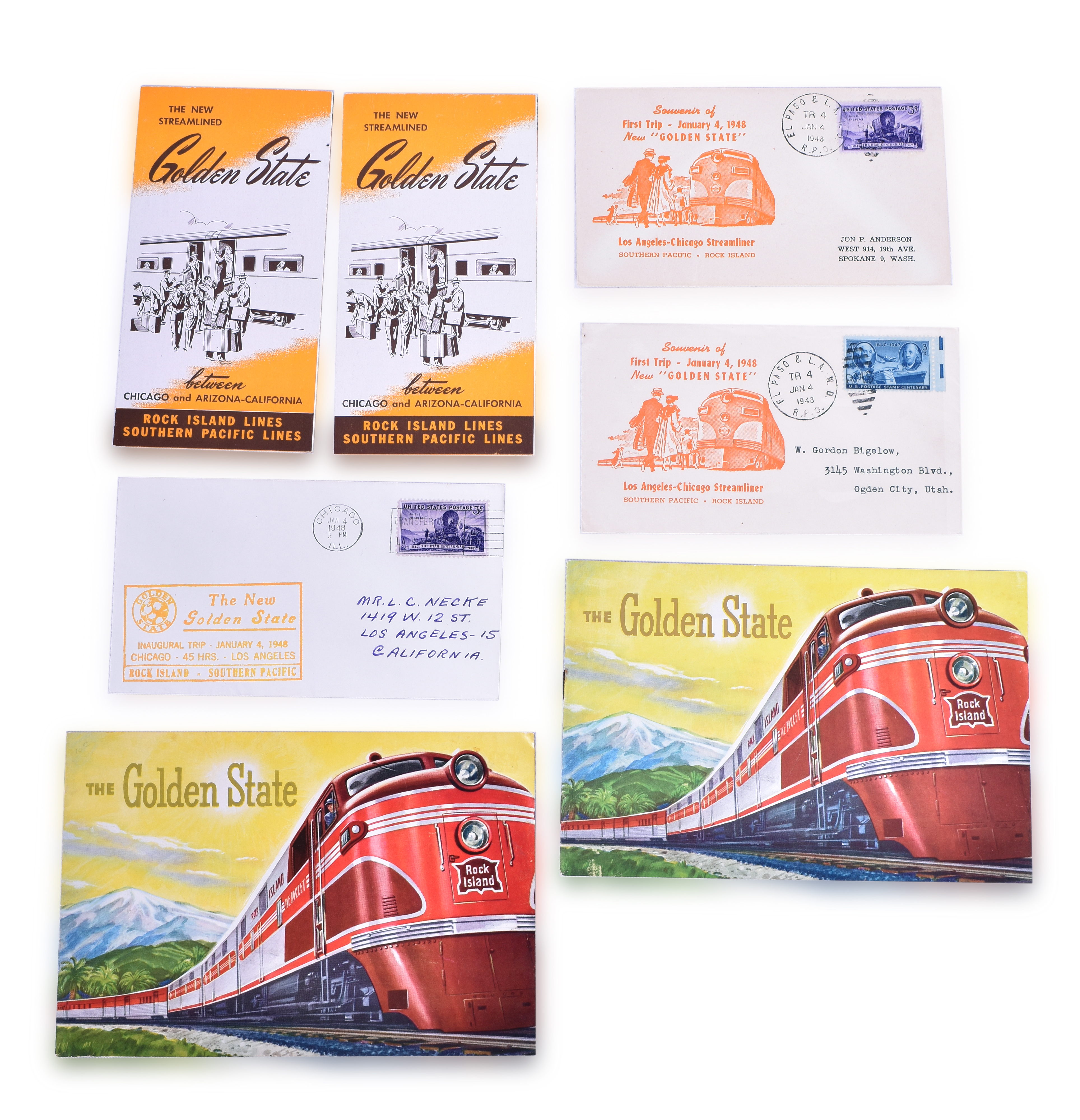 3449 - The Golden State Limited Southern Pacific and the Rock Island Railroad 1940's & 1950's Brochures, Pocket Schedules & 1948 Inaugural Trip Envelopes thumbnail