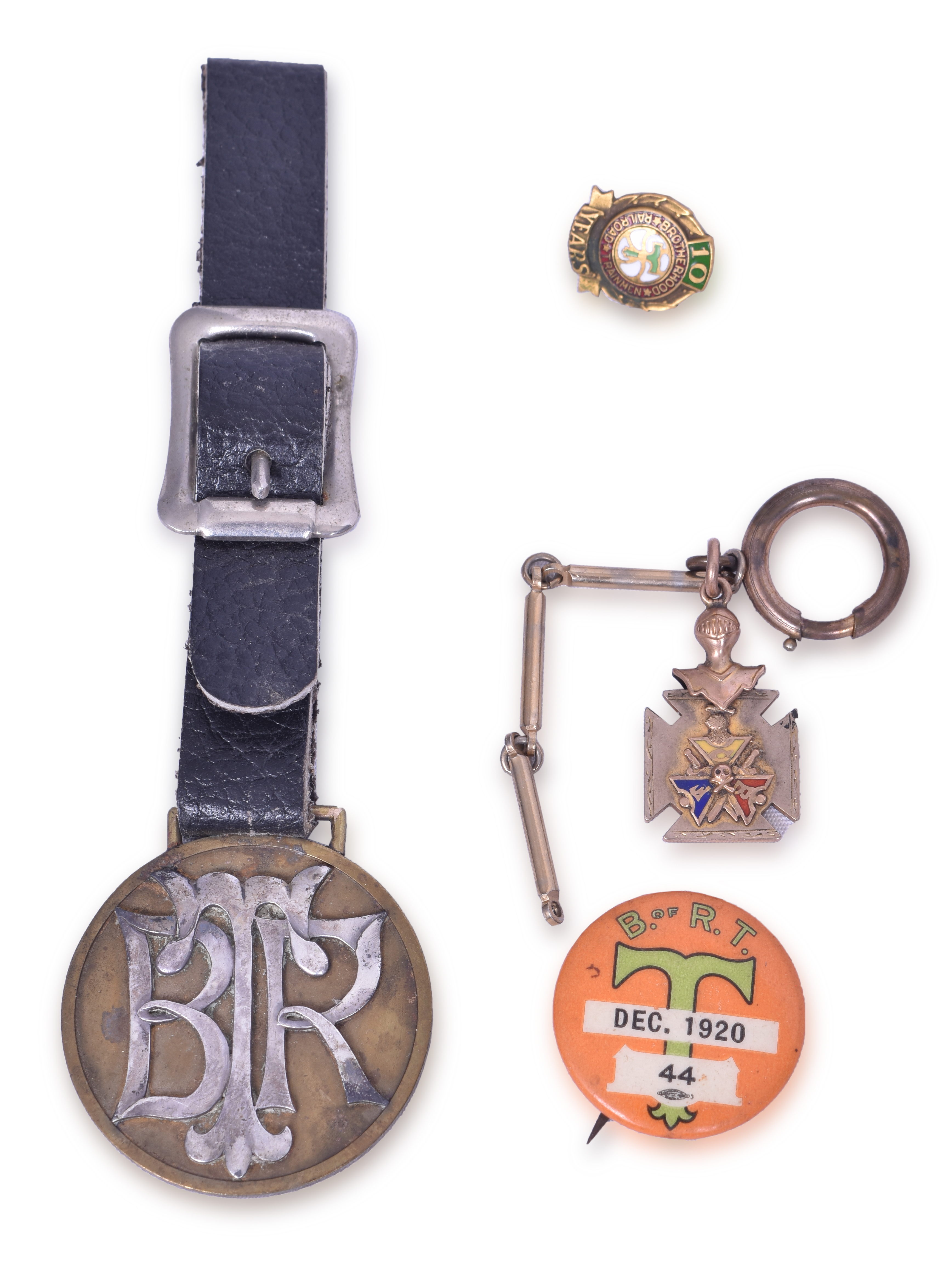 3477 - Railroad Brotherhood Luggage Tag, 1920 Pin, 10 year Pin, and Watch Fob. thumbnail