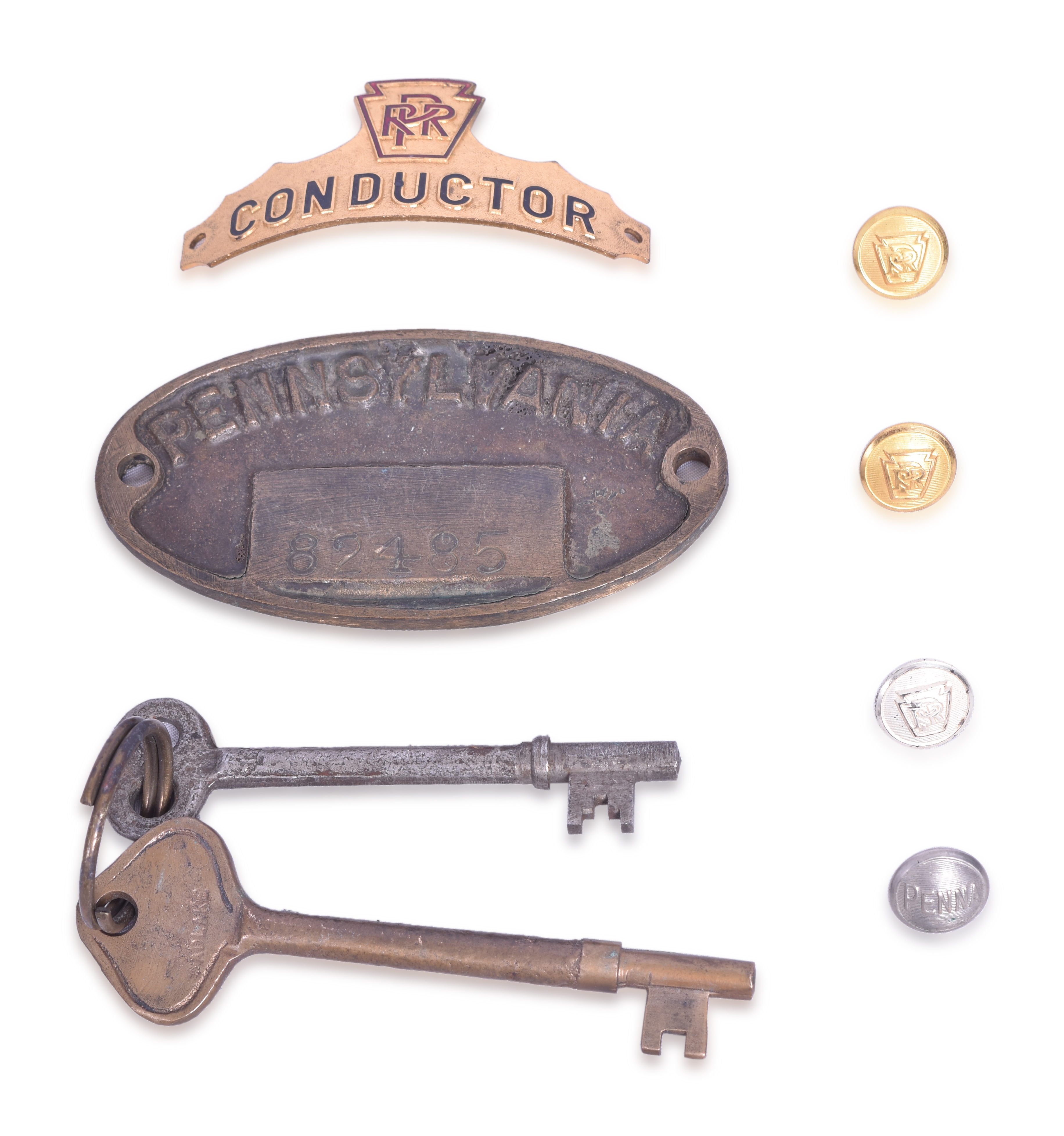 3545 - Pennsylvania Railroad - Conductor Cap Badge, Property Plate, Buttons, Keys thumbnail