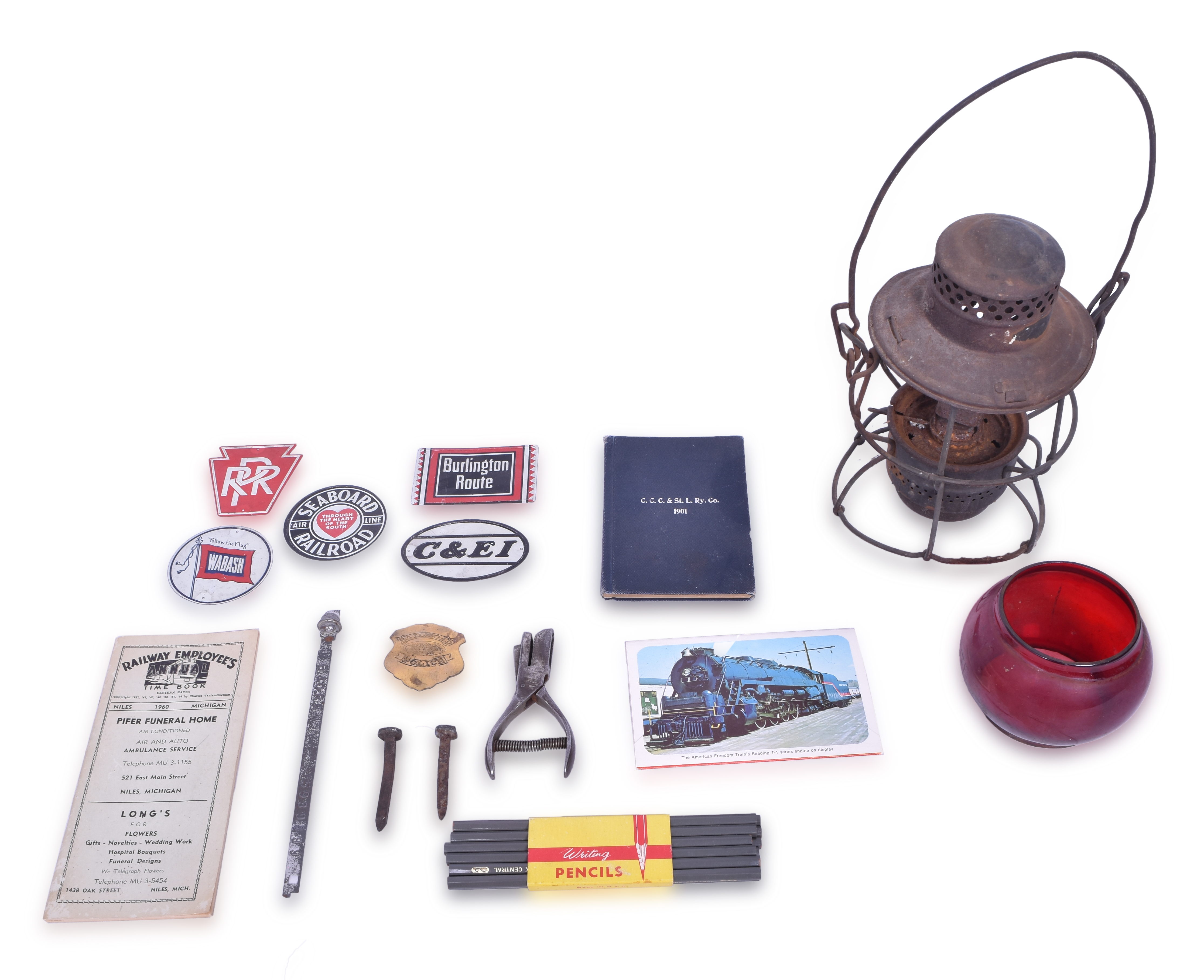 3559 - Adlake Kero Indiana Harbor Belt Lantern w/ Monon Globe, Ticket Punch, Big Four Rule Book, etc. thumbnail