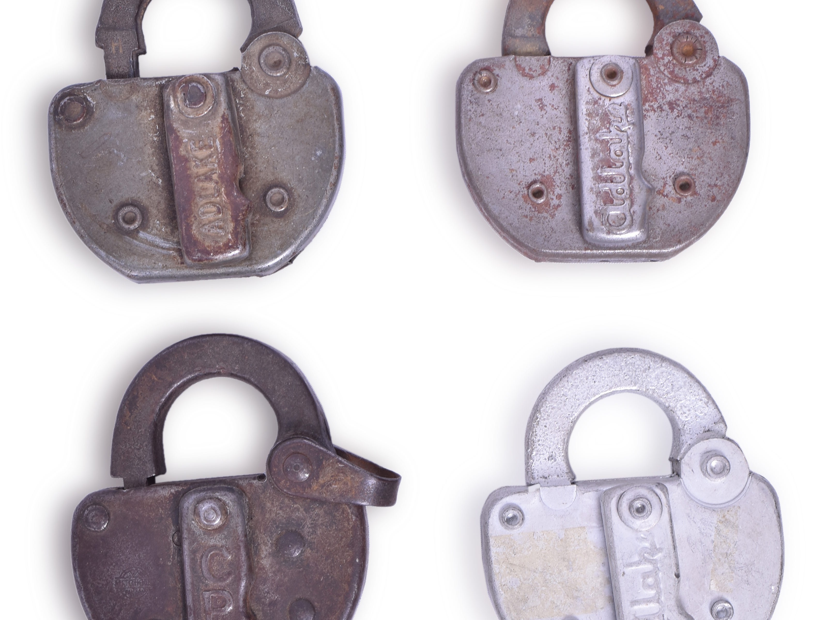 3426 - Four Steel Railroad Switch Locks - Indiana Harbor Belt, Canadian Pacific, Louisville and Nashville, Burlington Northern thumbnail