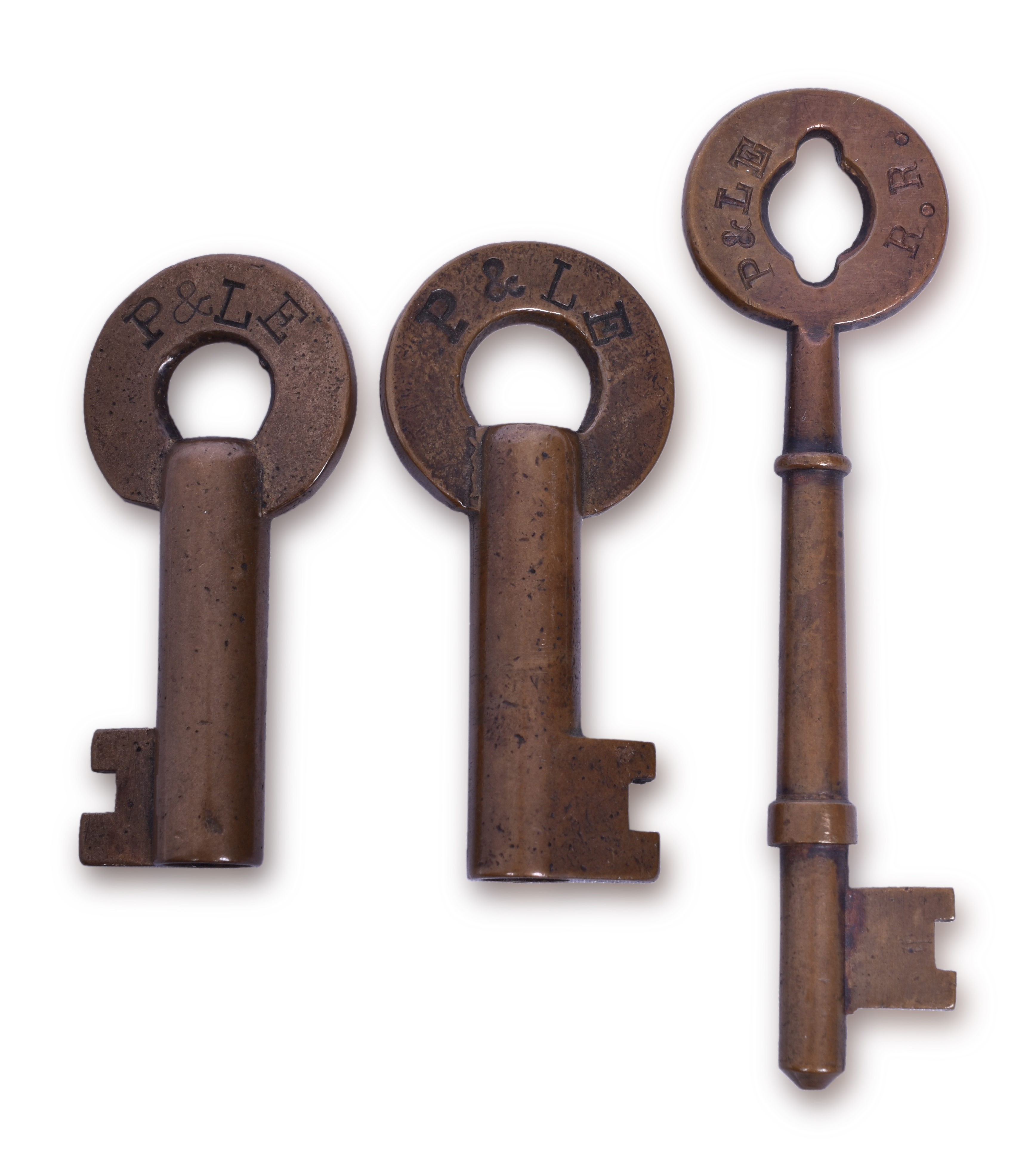 4000 - Three Slaymaker Pittsburgh & Lake Erie Railroad Brass Keys - Serif Font - F-S Hardware thumbnail
