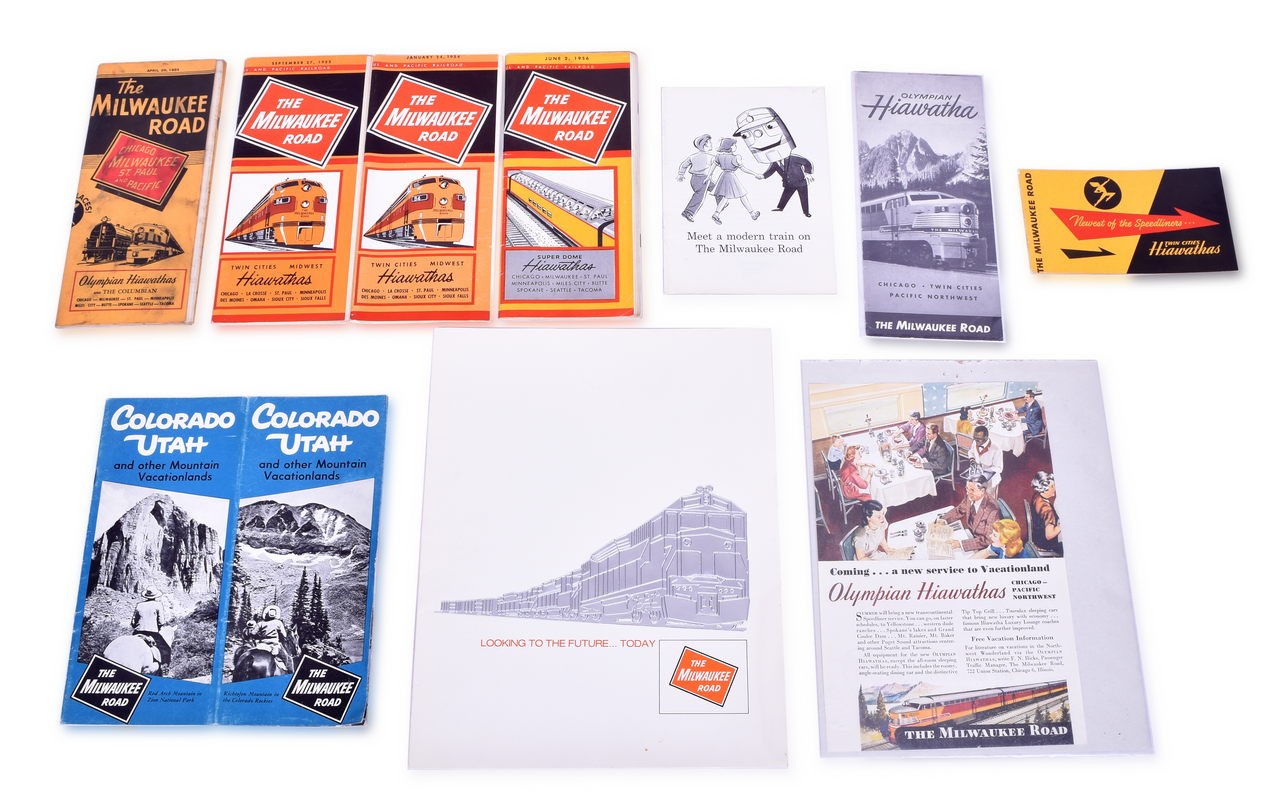 4011 - 4 Milwaukee Road Railroad Public Timetables 1951 - 1956, Colorado Utah Brochure, and Assorted Advertisements thumbnail