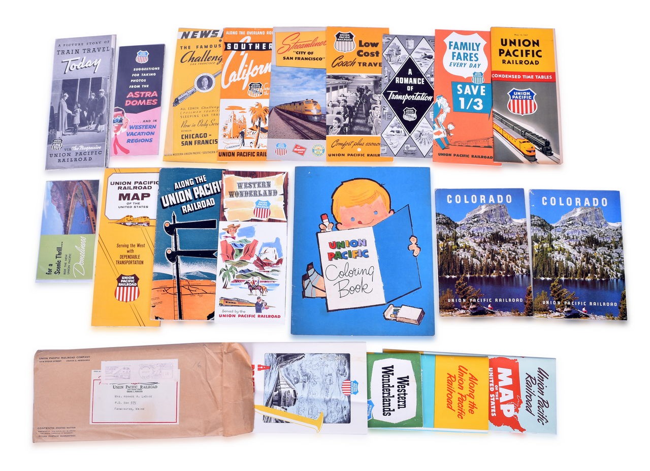 4013 - 14 Union Pacific Railroad Advertisements, Public Timetable - 1947, Coloring Book, and Mailing Envelope with 5 Branded Promotional Materials thumbnail