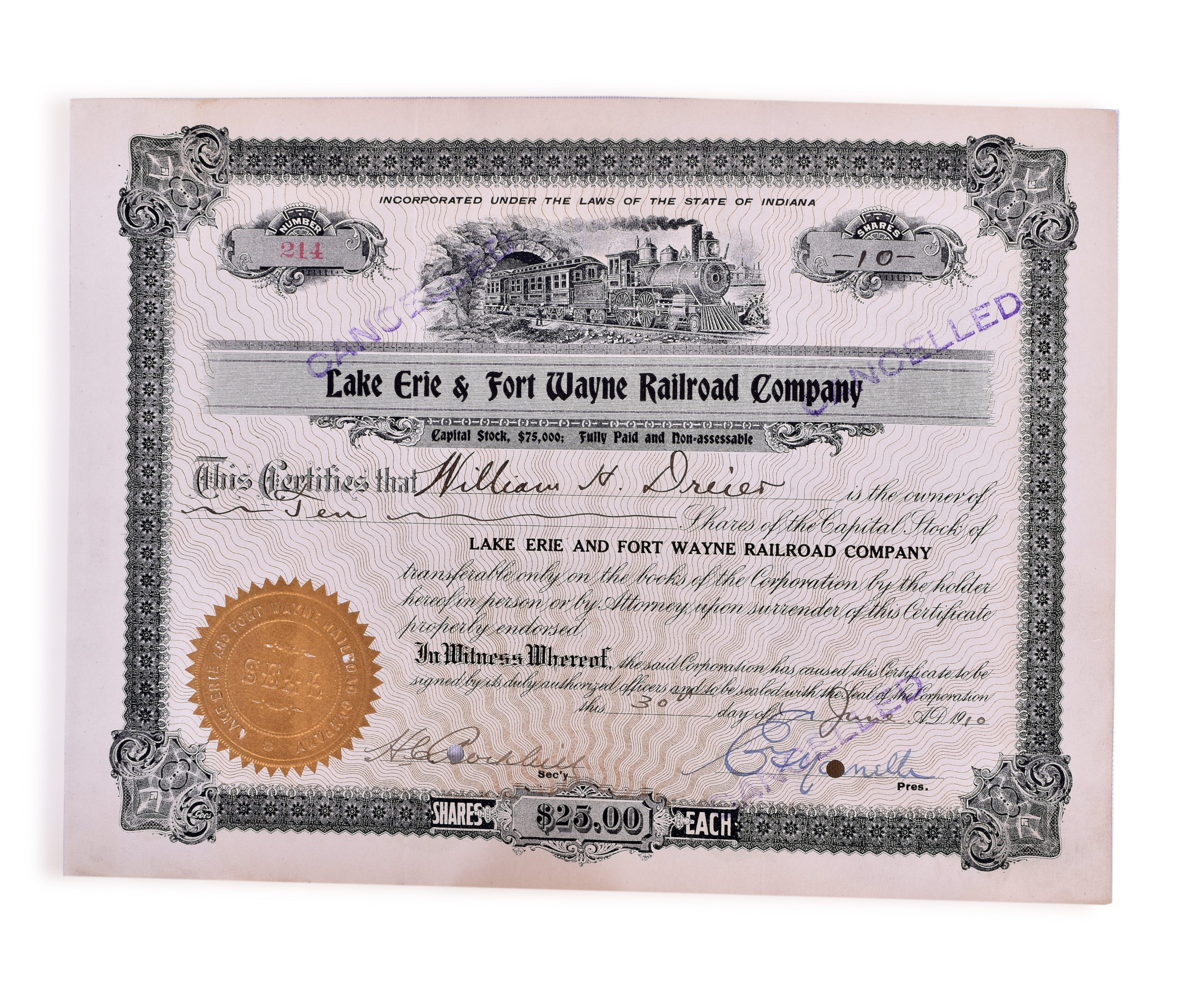 4016 - Lake Erie & Fort Wayne Railroad 1910 Canceled Stock Certificate - 10 Shares thumbnail
