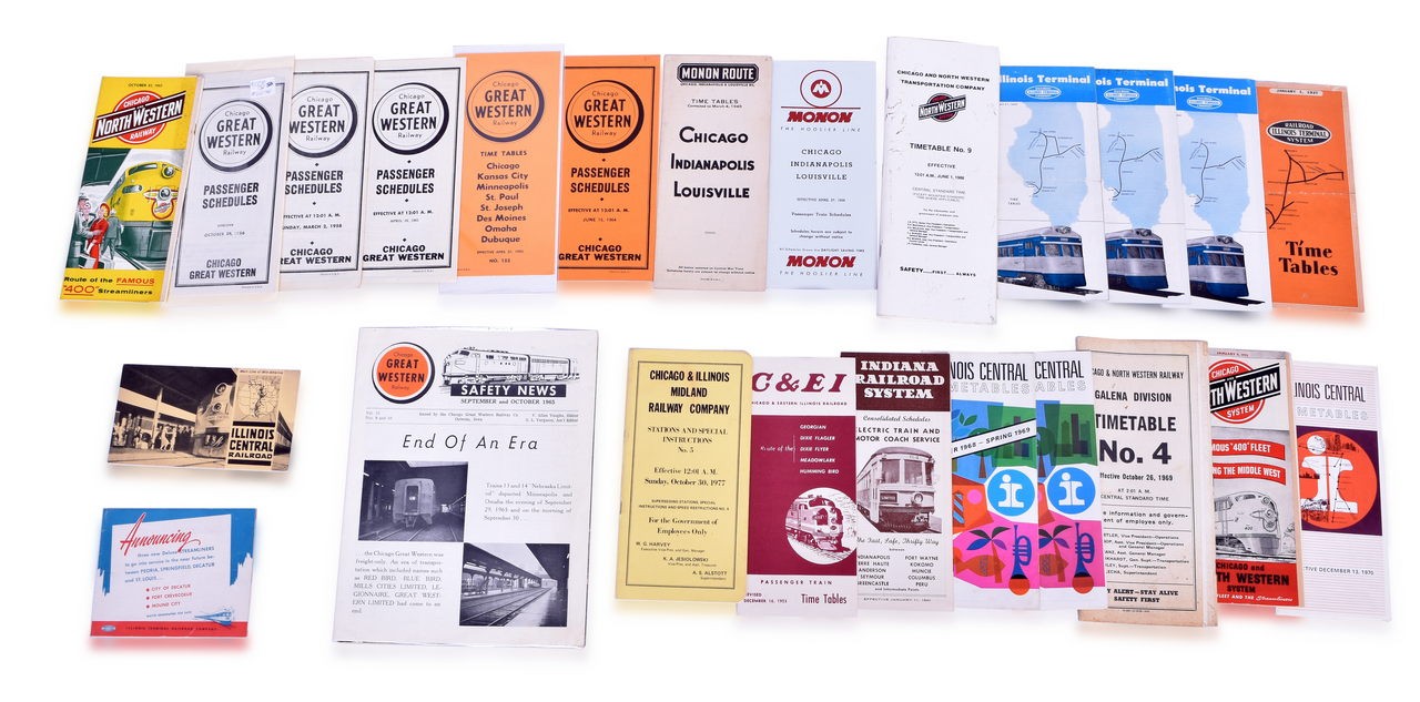 4029 - Group of 25 Illinois Central Railroad Items - Timetables, Special Instructions Booklet, Ticket Pouch, and Advertisements thumbnail