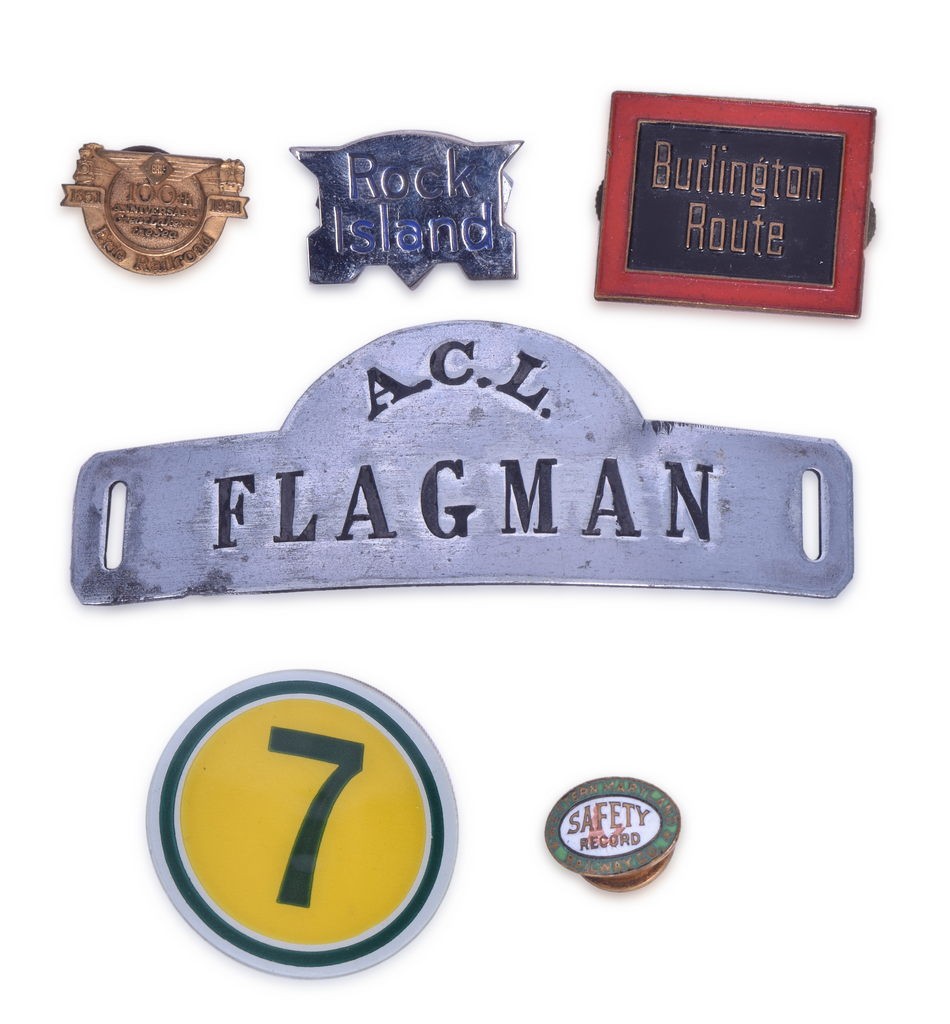 4050 - Railroad Pins and Cap Badges - Atlantic Coast Line Flagman, CB&Q, Rock Island, Erie, and Western Maryland thumbnail