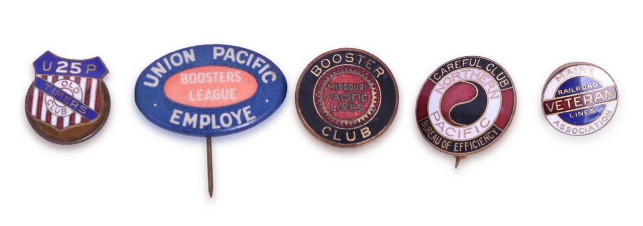 4052 - Five Railroad Pins- Missouri Pacific, Union Pacific, Northern Pacific, Maine Association thumbnail