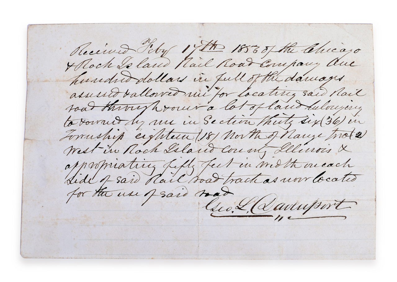 4061 - Chicago, Rock Island Railroad Handwritten Payment Acknowledgement Signed by George L'Oste Davenport - 1853 thumbnail