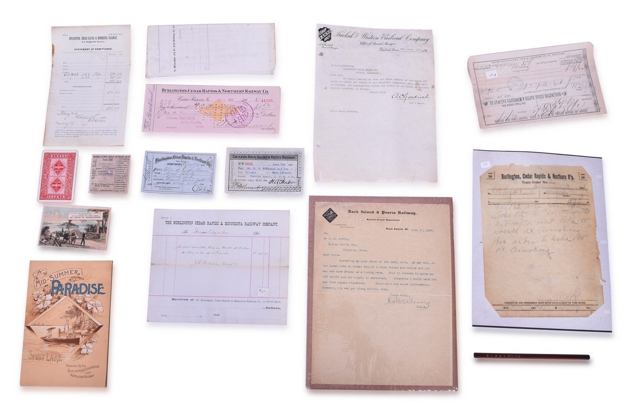 4073 - 15 Burlington, Cedar Rapids, and Northern Railroad Items - Map Card, Brochure, Check, Passes - Late 1800's thumbnail