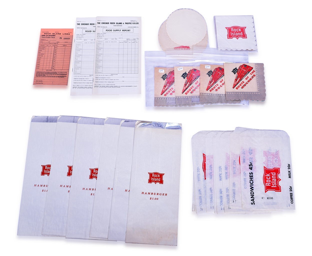 4079 - Group of Rock Island Railroad Dining Car Items - Food Supply Report, Bags, Check, Napkins - 1960's thumbnail