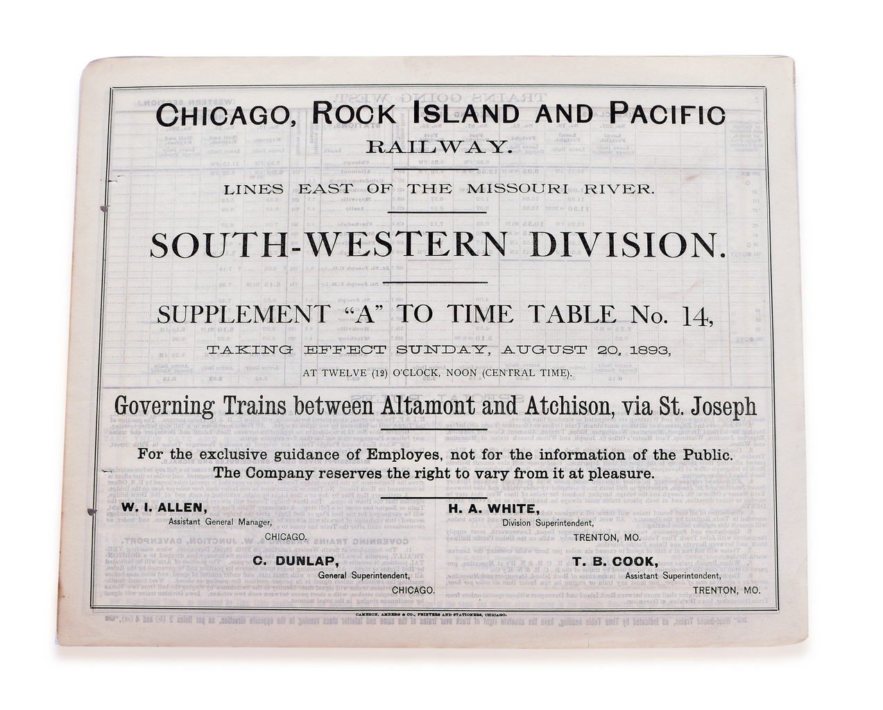 4097 - Chicago, Rock Island & Pacific 1893 Southwestern Division Employee Timetable thumbnail