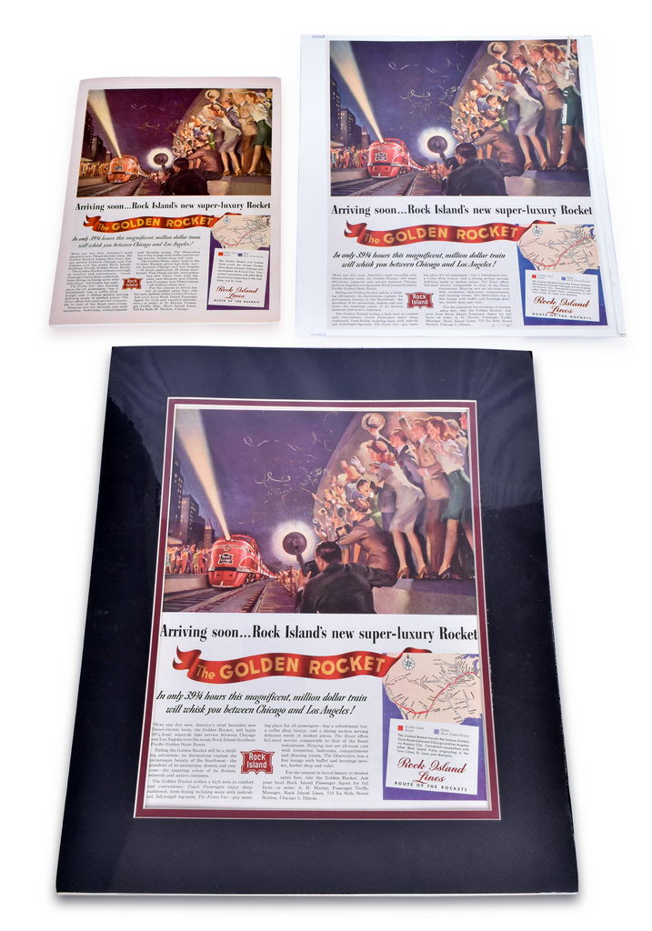 4117 - 3 Rock Island Railroad Golden Rocket Advertisements - 1950's thumbnail