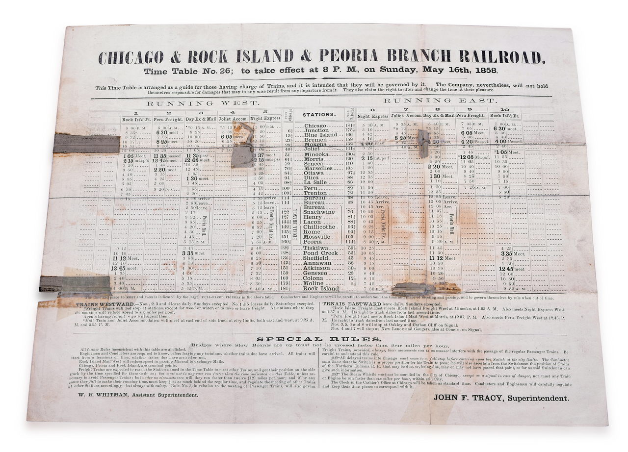 4125 - Chicago, Rock Island, & Peoria Branch Railroad Timetable - 1858 thumbnail