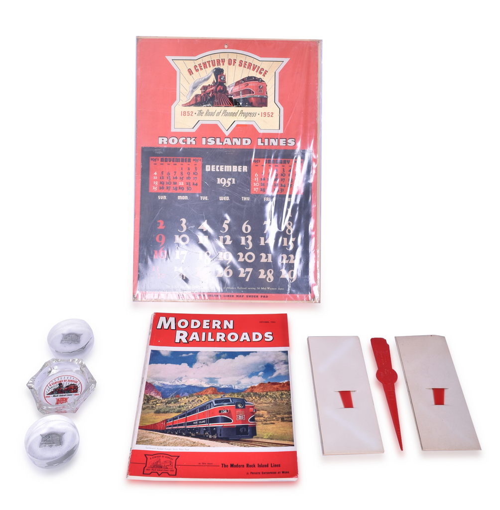 4171 - 8 Rock Island Railroad Centennial Items - Lucite Paperweights, Calendar, Ash Tray, Letter Openers, Book - 1952 thumbnail