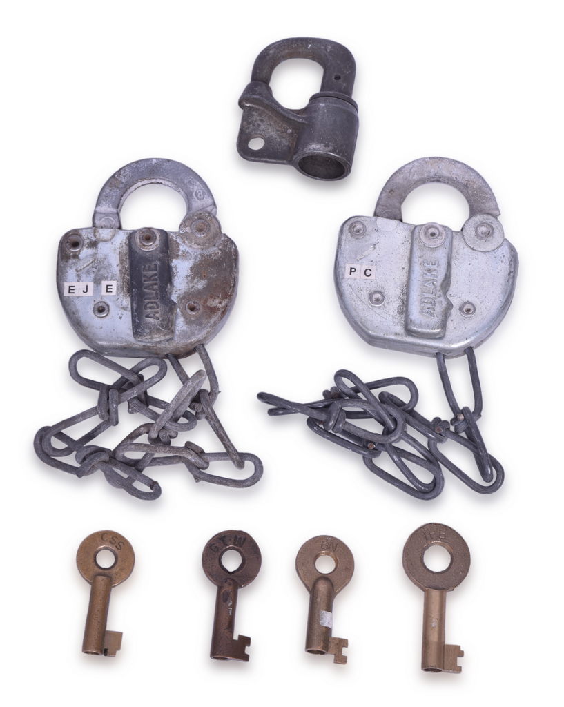 4186 - Three Railroad Locks and Four Keys - EJ&E, Penn Central, Safetran, Burlington Northern, etc thumbnail