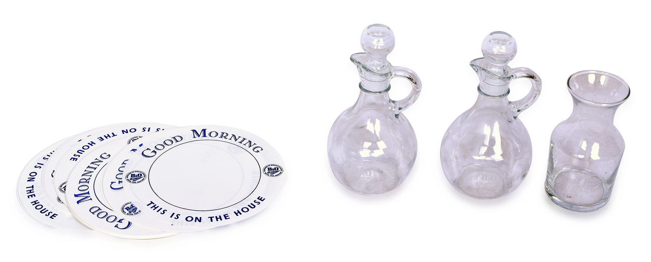 4187 - Baltimore and Ohio Railroad Glassware - 2 Cruets, Water Pitcher, and Coasters thumbnail