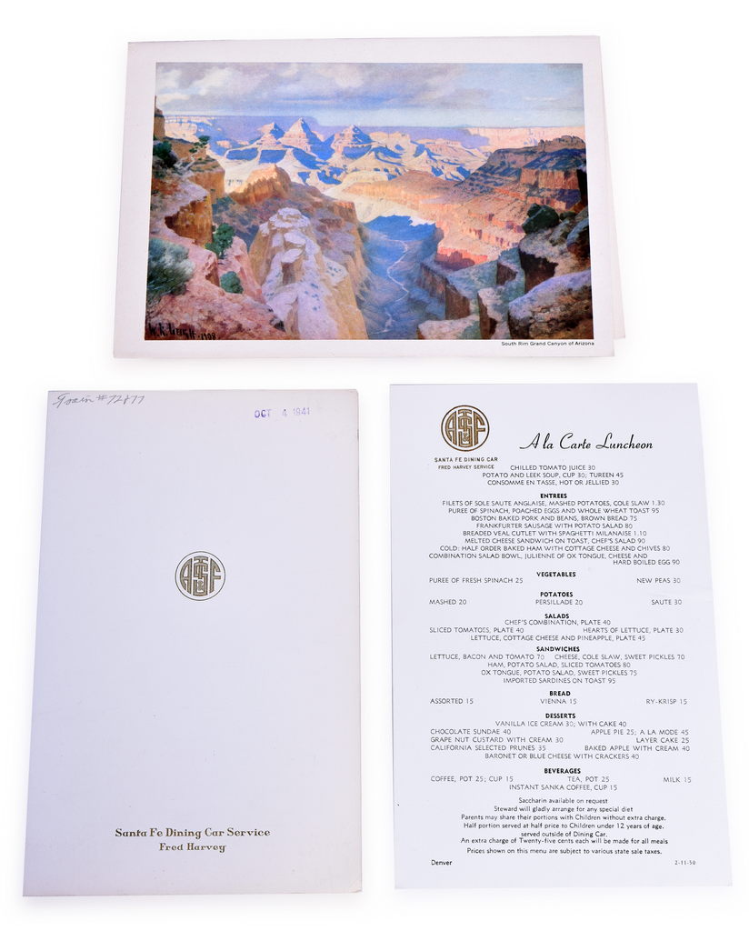 4195 - Three Sante Fe Railroad Dining Car Menus Grand Canyon - 1940s to 1950 thumbnail