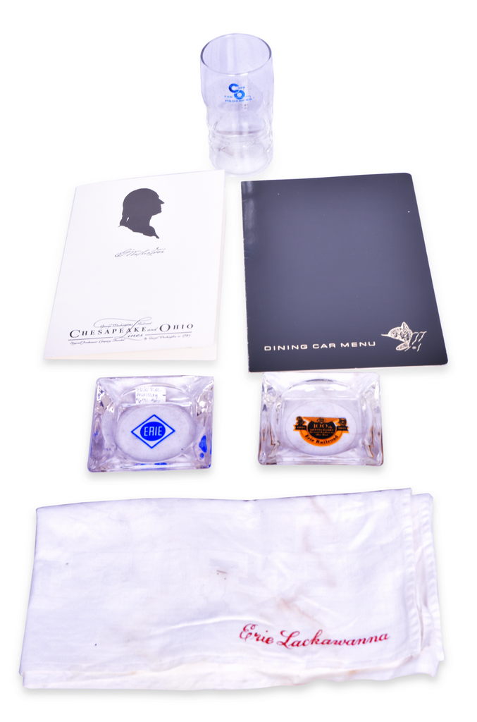 4269 - Chesapeake & Ohio and Erie Railroad Menus, Drinking Glass, Linen Napkin, and Glass Ash Trays thumbnail