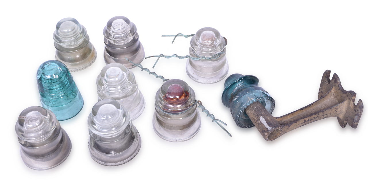 4314 - Nine Glass Telegraph Insulators and Cast Iron Mounting Bracket - H.G. Co. Hemingray, Armstrong thumbnail