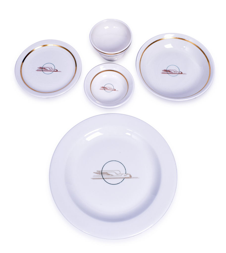 4321 - Set of 5 Union Pacific Railroad Winged Streamliner Dining Car China - Desert Cup, Saucer, Plates, Bowl thumbnail