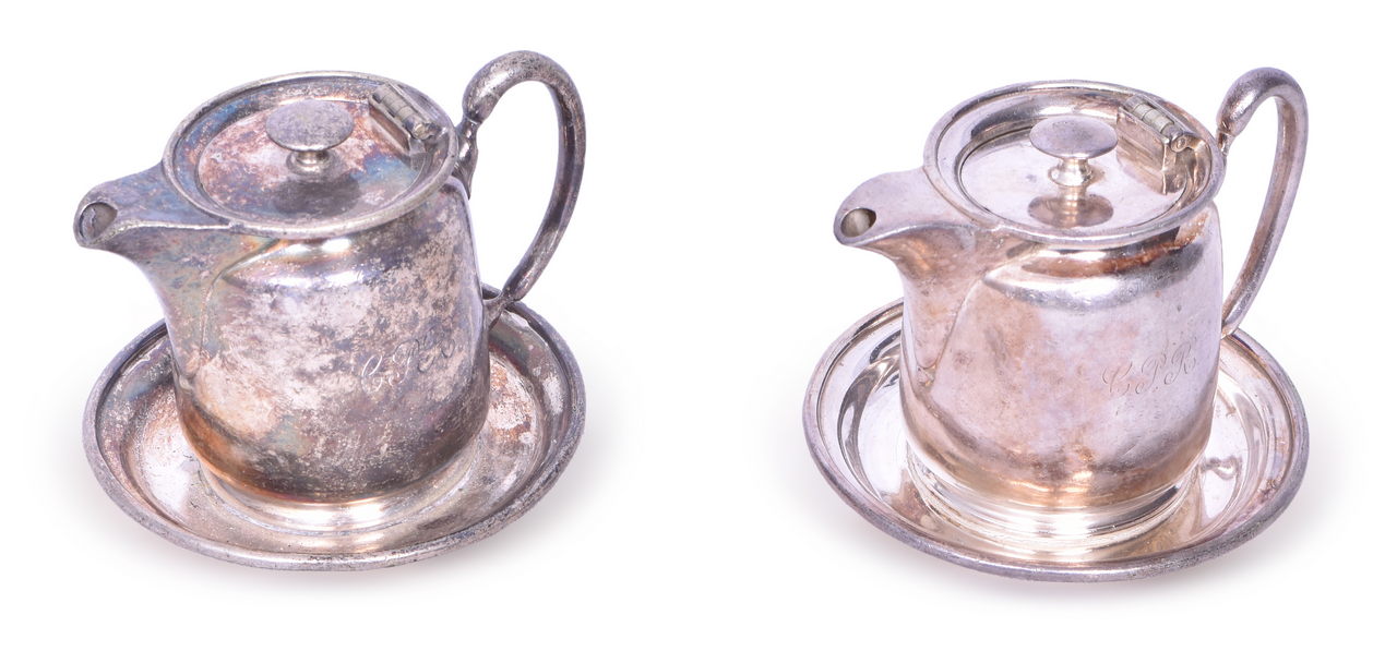 4341 - 2 Canadian Pacific Railroad Silver Syrup Pitchers With Attached Underliners thumbnail