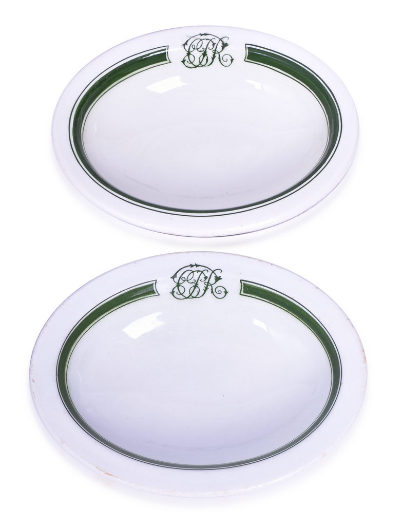 4347 - 2 Canadian Pacific Railway Green Band Oval Bowls 6 3/8