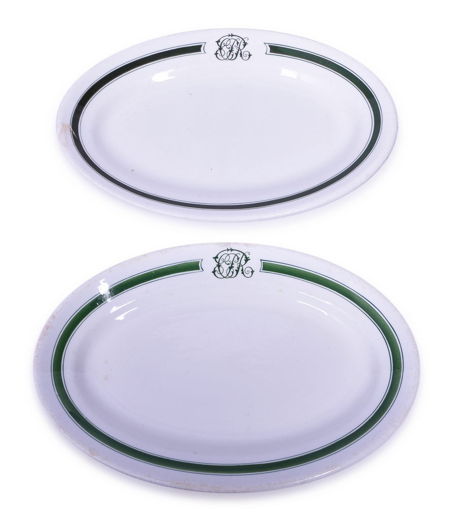 4355 - Set of 2 Canadian Pacific Railway Green Band Oval Side Dishes - 9 7/8