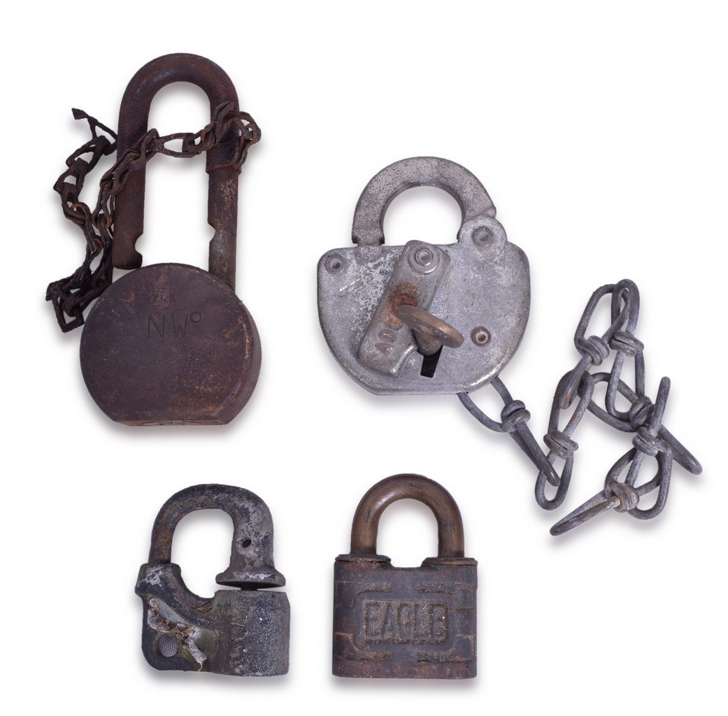 4356 - Four Transportation Locks - Brass Eagle w/ Ford, Norfolk and Western, Conrail, and RACO thumbnail