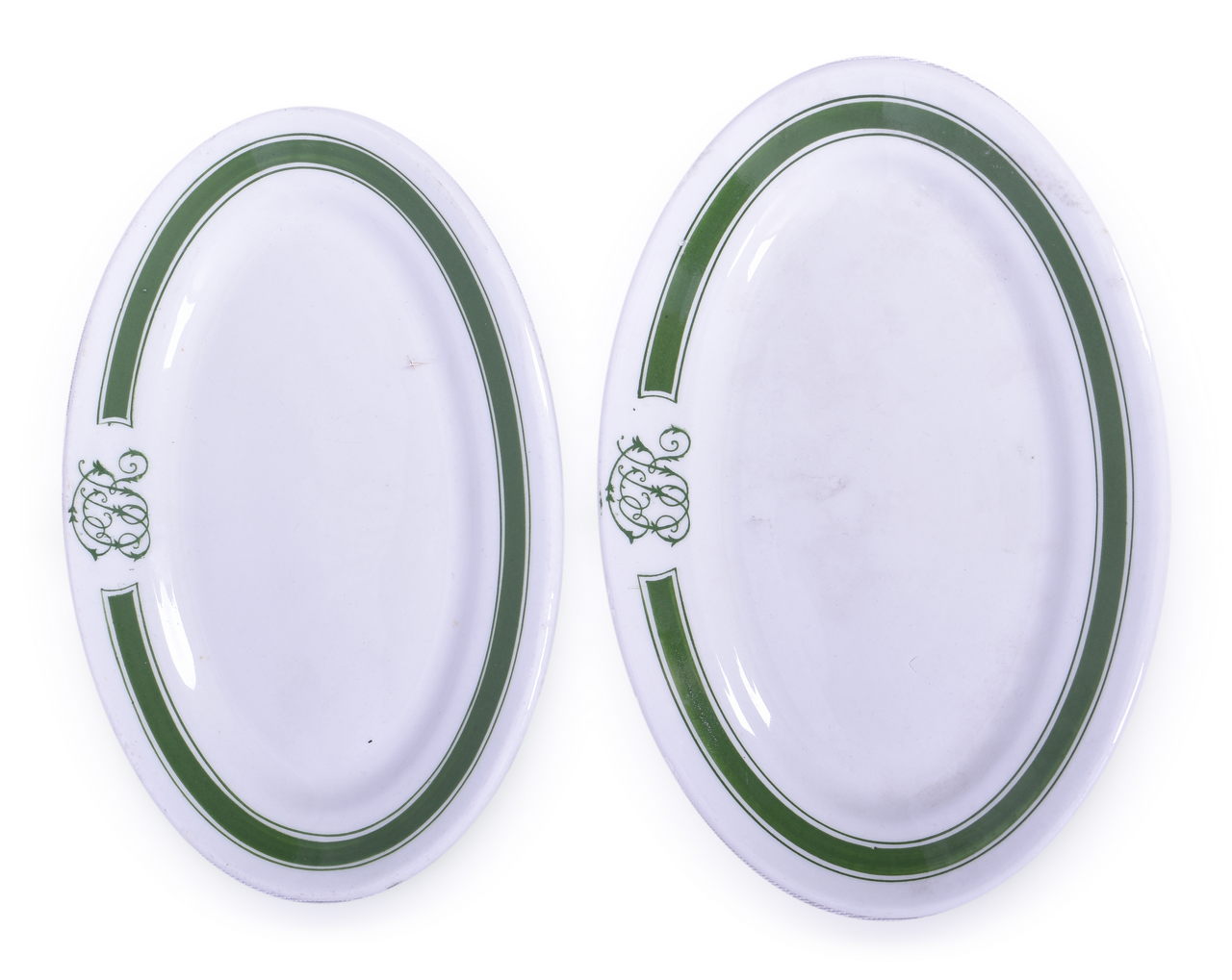4363 - 2 Canadian Pacific Railway Green Band Oval Side Platters 7 3/4
