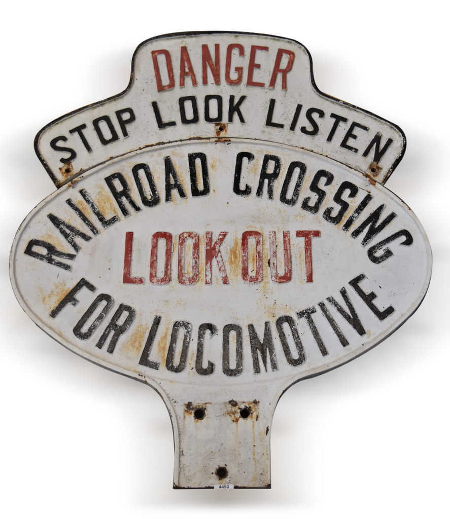 4450 - Cast Iron Two Piece Railroad Crossing Sign Look Out for Locomotive - Danger, Stop, Look, Listen thumbnail
