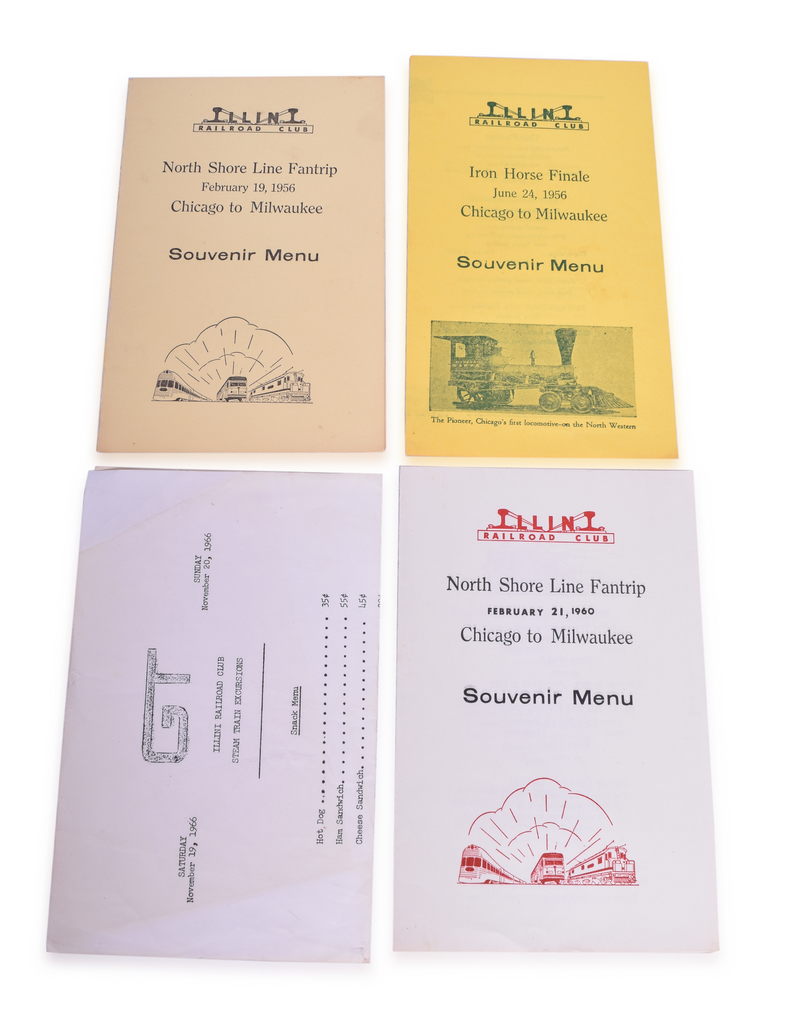 4483 - Group of 4 Railroad Souvenir Menus for Illini Railroad Club - North Shore Line, Grand Trunk, Chicago and Northwestern Railway thumbnail