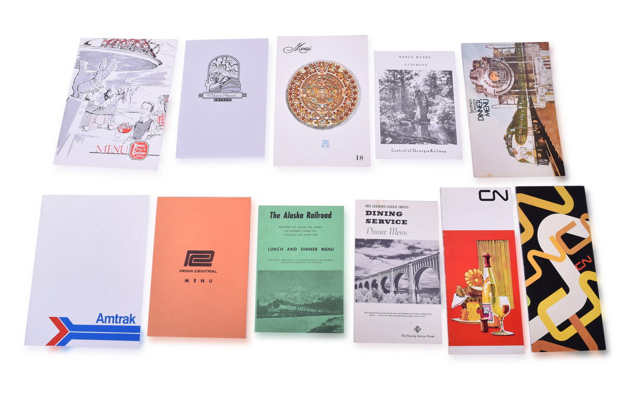 4489 - Group of 11 Railroad Dining Car Menus and Paper - California Zephyr, Canadian National, Amtrak - 1947 to 1972 thumbnail