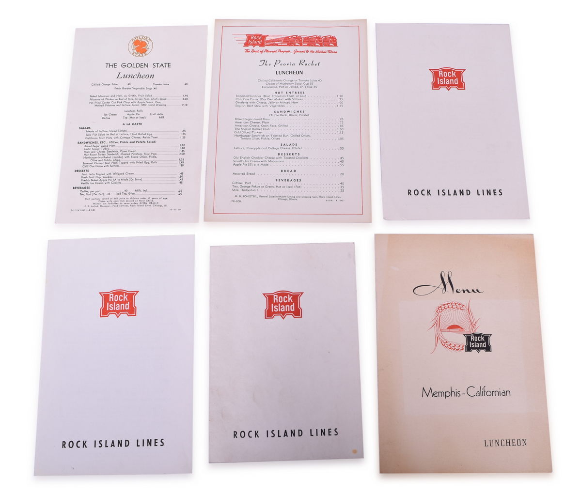 4500 - Six Rock Island Railroad Menus - Golden State, Peoria Rocket, Memphis-Californian thumbnail