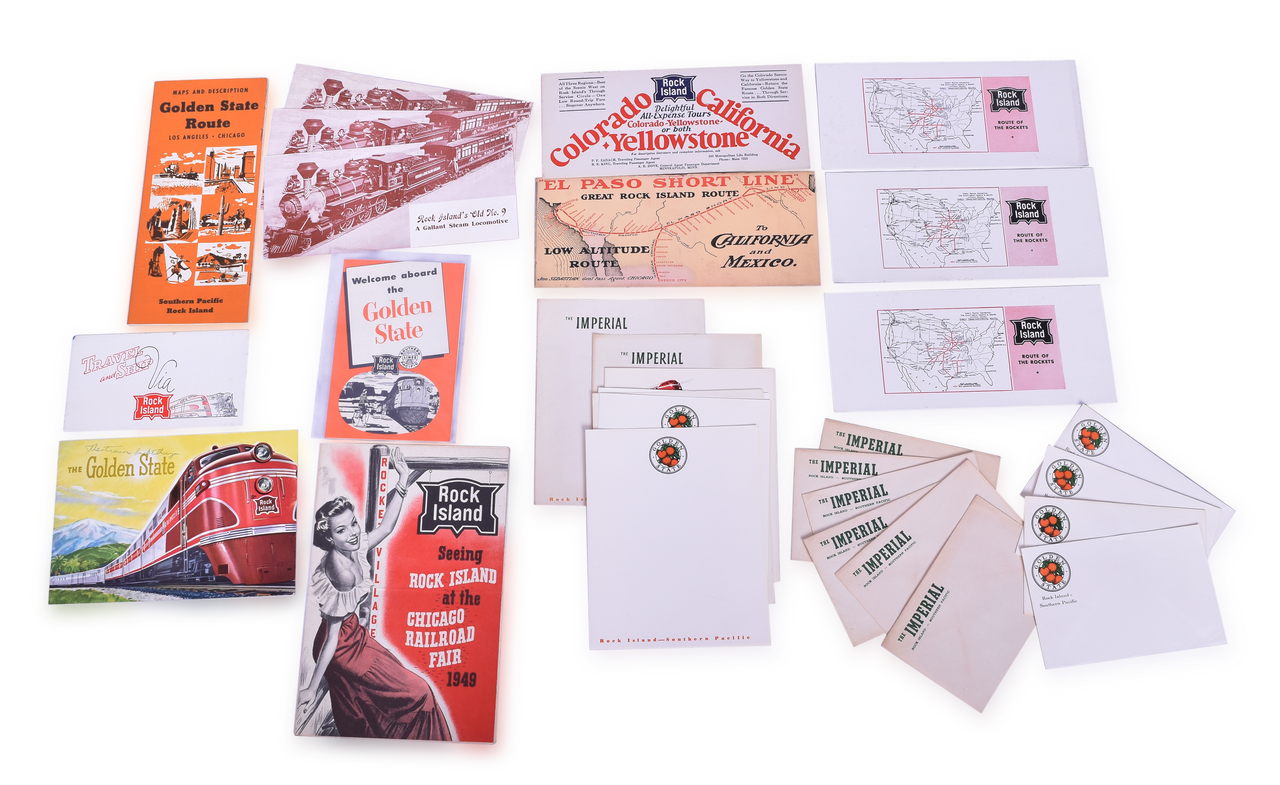 4503 - Group of 18 Rock Island Railroad Papers - Travel Brochures, Stationary, Ink Blotters, Info Booklets - 1940's to 1950's thumbnail