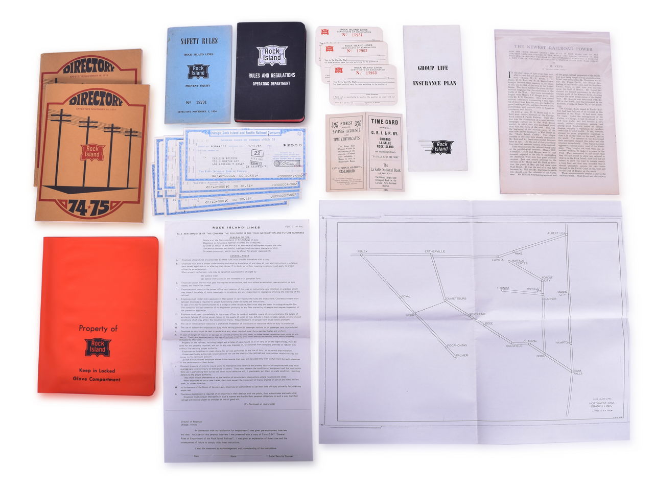 4509 - Group of 50+ Rock Island Railroad Employment Papers - Directory, Insurance Plans, Rules Booklet, Cancelled Checks, Certificates thumbnail