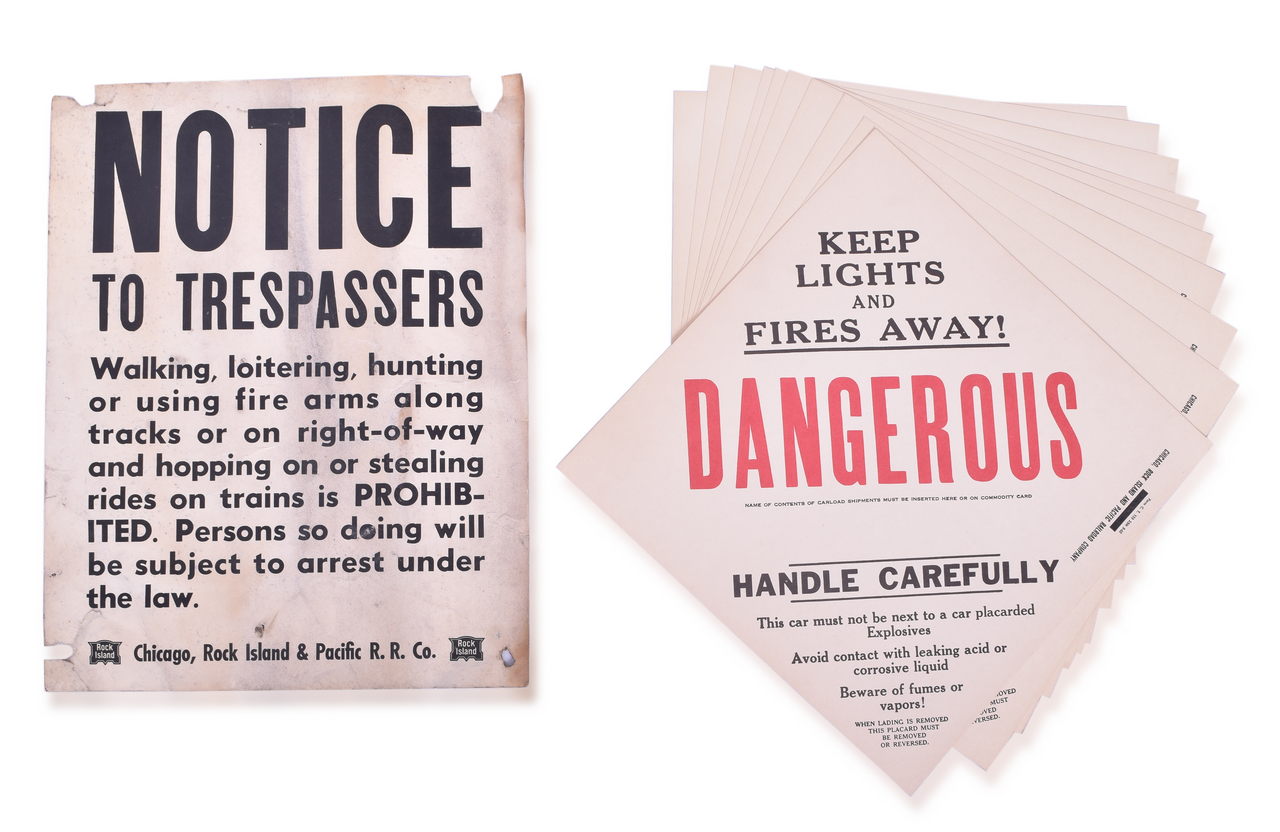 4517 - Group of Chicago, Rock Island, and Pacific Railroad Tank Car Danger Placards and Paper Trespassing Sign thumbnail