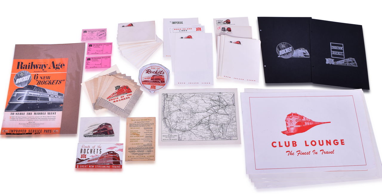 4521 - Group of 18 Rock Island Railroad Rocket Items - Club Lounge Signs, Glass Ash Tray, Embossed Silver Covers, Map, Advertisements thumbnail