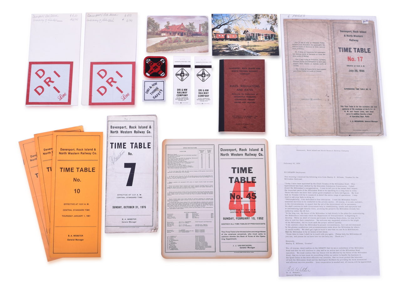 4525 - Group of 17 Davenport, Rock Island, and Western Railway Items - Patch, Employee Timetables, Rule Book, Stickers, Post Cards thumbnail
