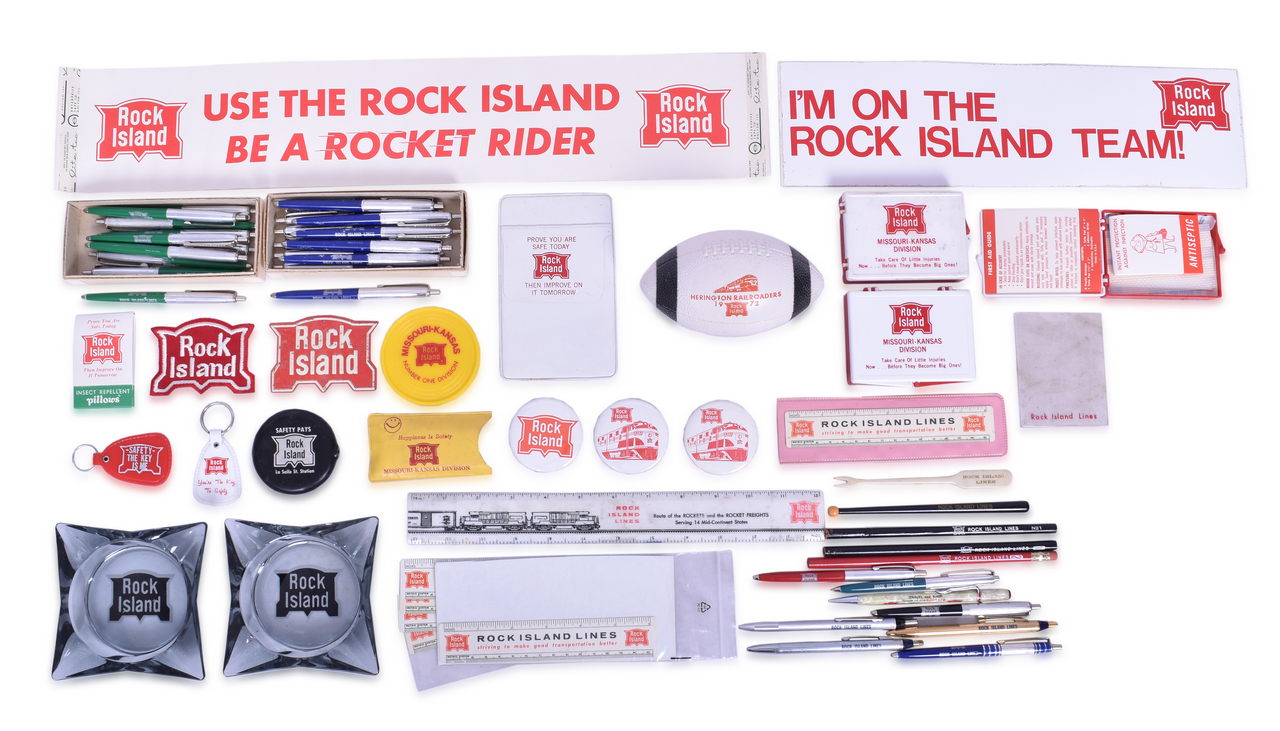 4533 - Mixed Group of 43 Rock Island Railroad Ephemera - Glass Ashtrays, Rulers, Patches, Rulers, Keychains, Pens, Buttons, Patch, Football thumbnail