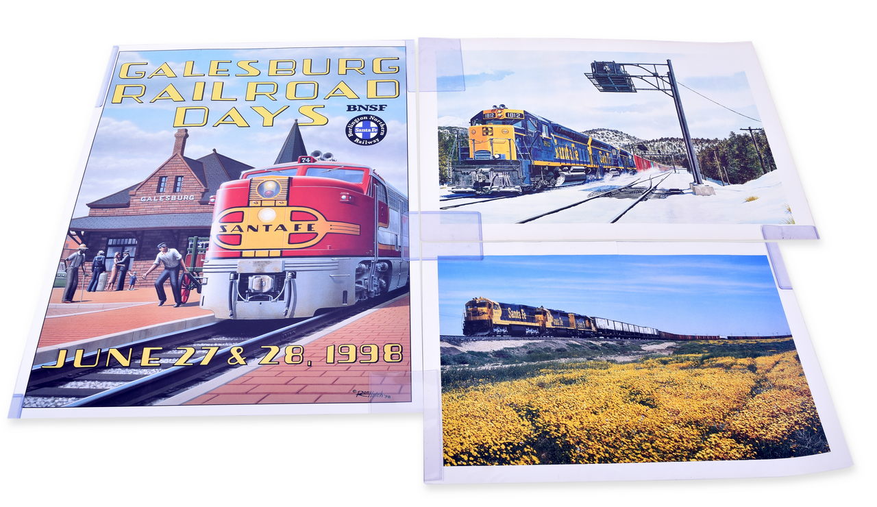 4553 - Set of 5 Santa Fe Railroad Art Prints and Posters - War Horses, Super Fleet Ad, Galesburg Railroad Days thumbnail