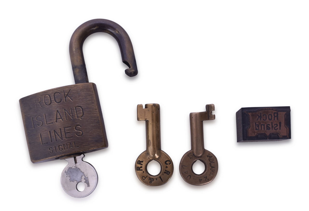 4566 - Rock Island Railroad Signal Lock, Printing Block, Switch Key, and Burlington Route Switch Key thumbnail