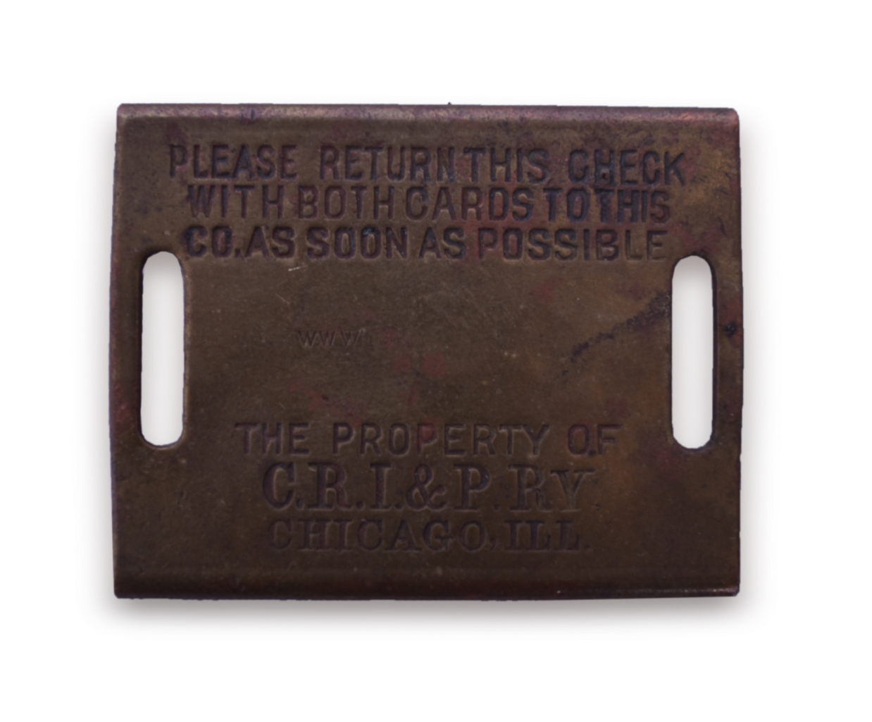 4570 - Chicago, Rock Island & Pacific Railroad Brass Baggage Check Tag - W.W. Wilcox thumbnail