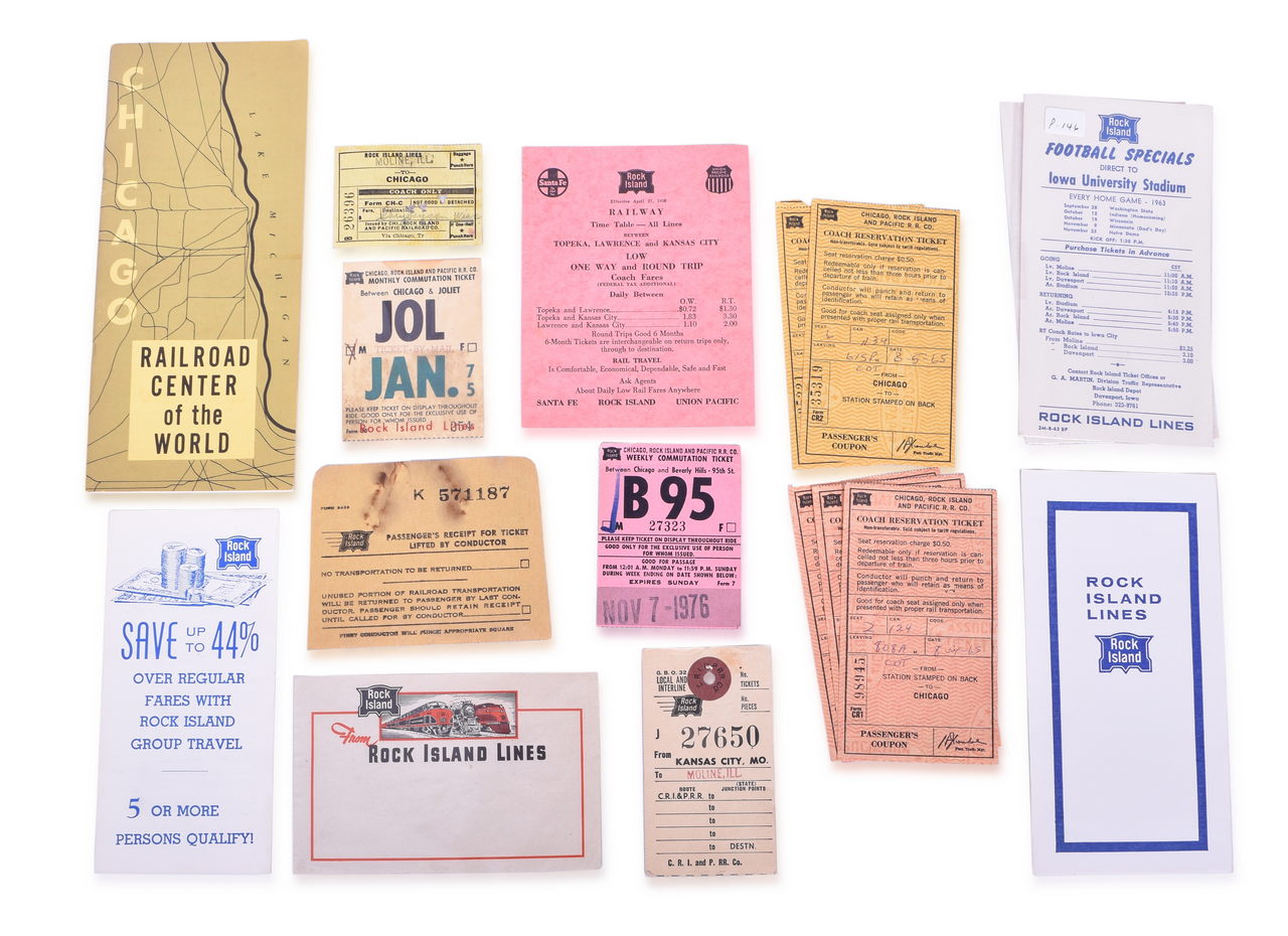 4571 - Group of 82 Assorted Pieces of Rock Island Railroad Paper - Timetables, Booklets, Maps, Tickets, Advertisements thumbnail