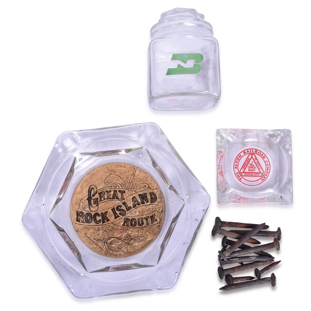 4573 - 11 Assorted Railroad Items - Ash Trays, Date Nails, Buttons, Match Books, Coasters, Lucky Piece - Burlington Northern, Nickel Plate Road, Canadian Pacific thumbnail