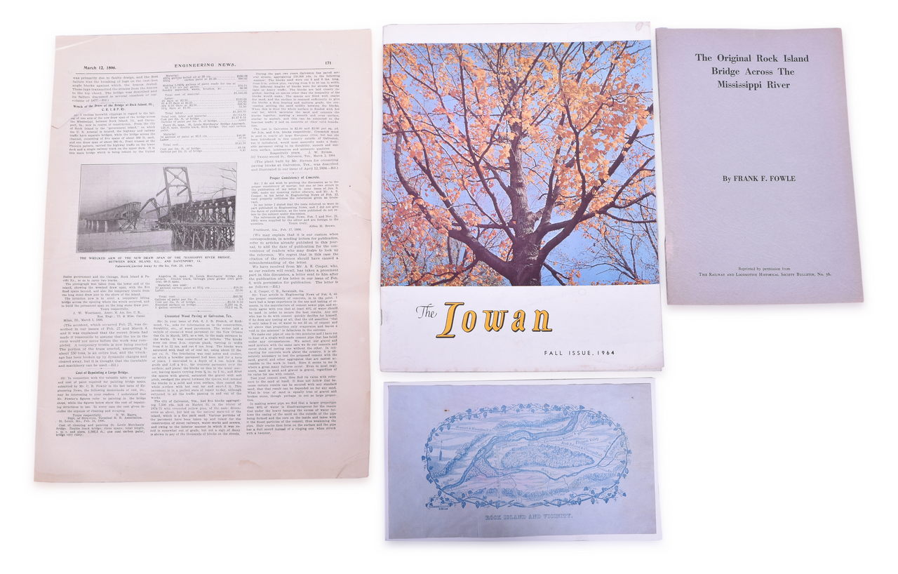 4579 - Group of 6 Rock Island Railroad Bridge Items - Booklet, Magazine, Newspaper Article, Drawing, Plates thumbnail