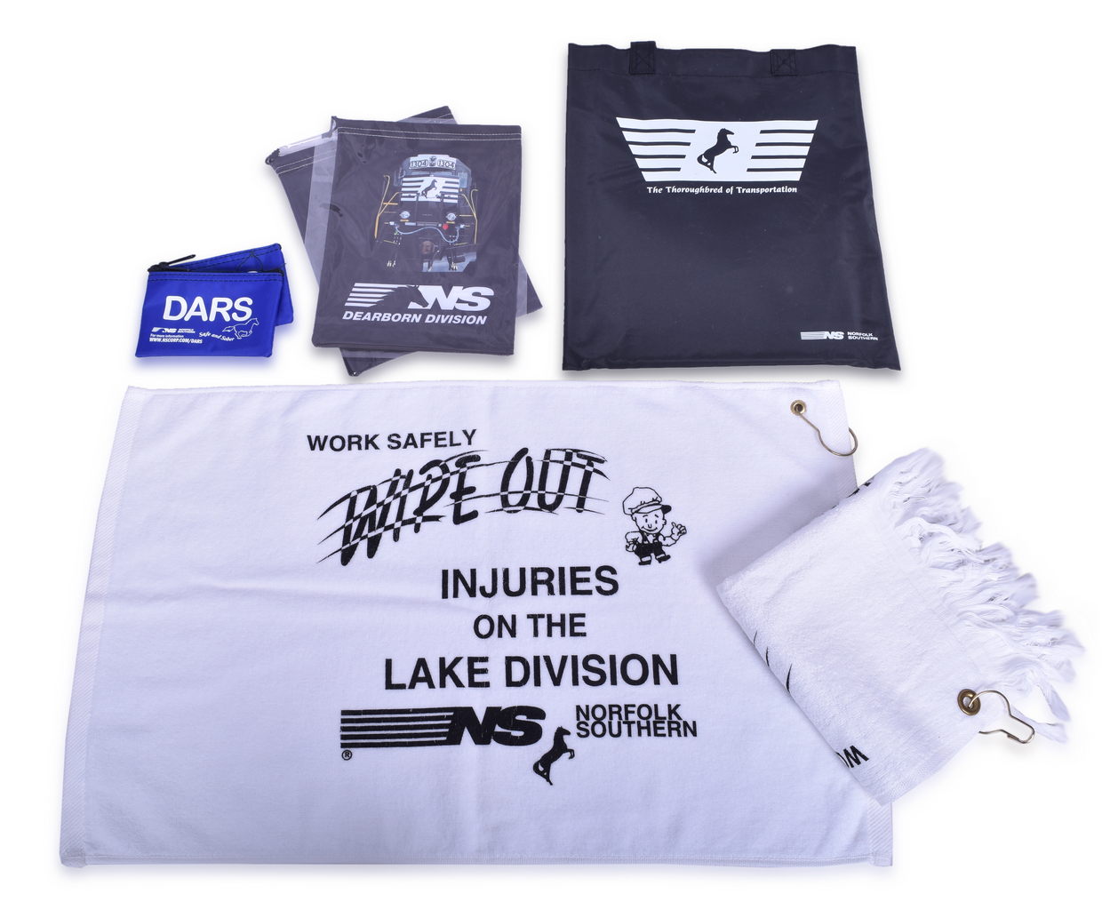 4597 - Group of Assorted Norfolk Southern Railway Promotional Items - 1999 Welcome Aboard Package, T-Shirts, Buttons, Keychains, Towels, Socks, Posters thumbnail